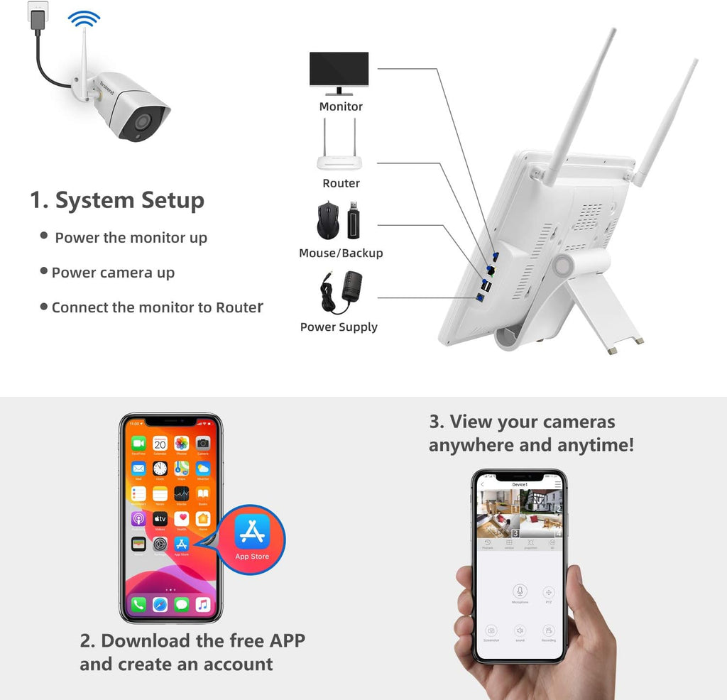 1080P 8CH Wireless Security Camera System with 4 Cameras and 12 Inch Monitor D800