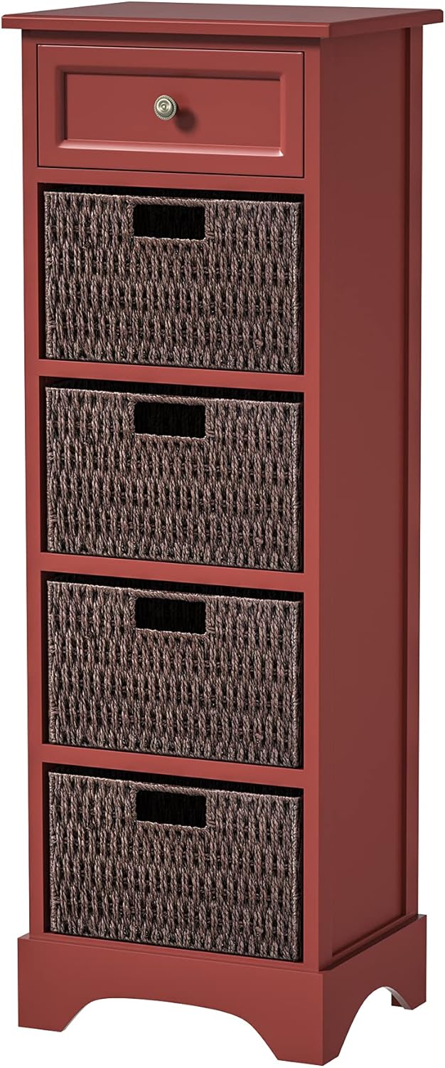 Farmhouse Storage Cabinet with Drawer and 4 Wicker Baskets, Red Q626
