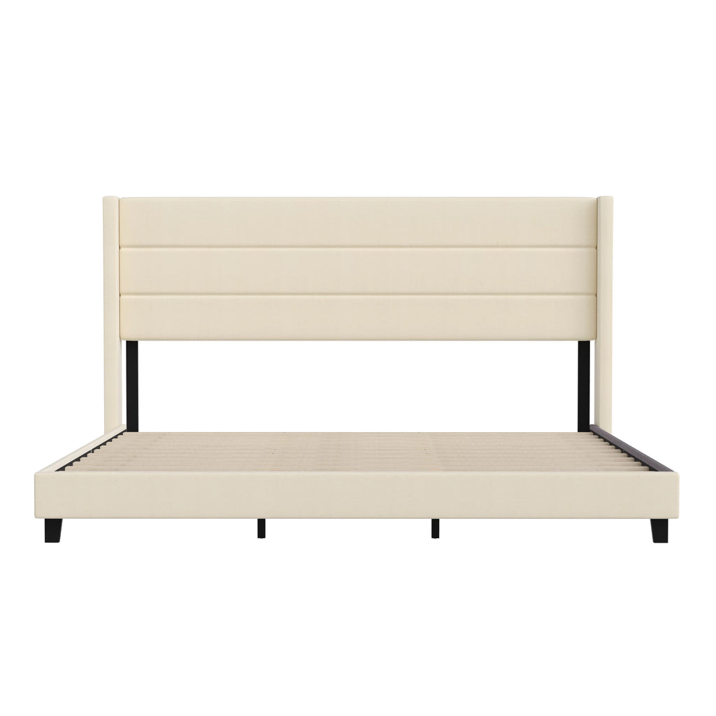Beige Faux Linen King Upholstered Platform Bed with Wingback Headboard G927571