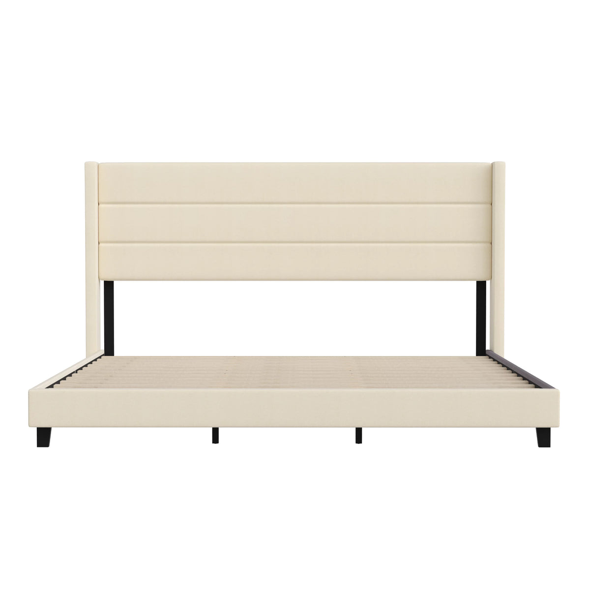 Beige Faux Linen King Upholstered Platform Bed with Wingback Headboard G927571