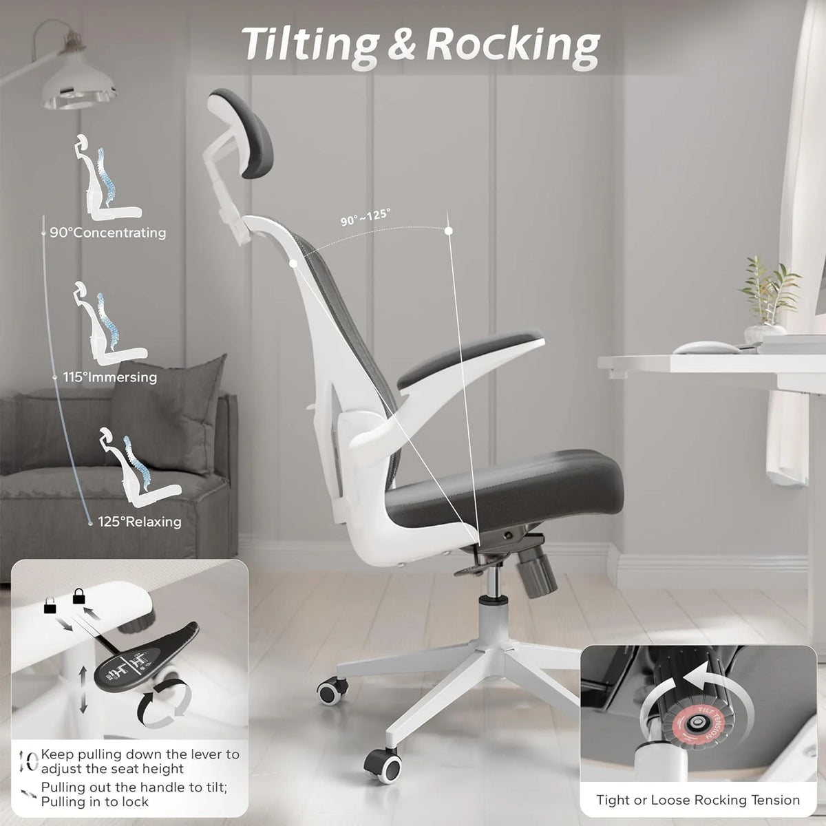 White Ergonomic Desk Chair with Headrest A27152