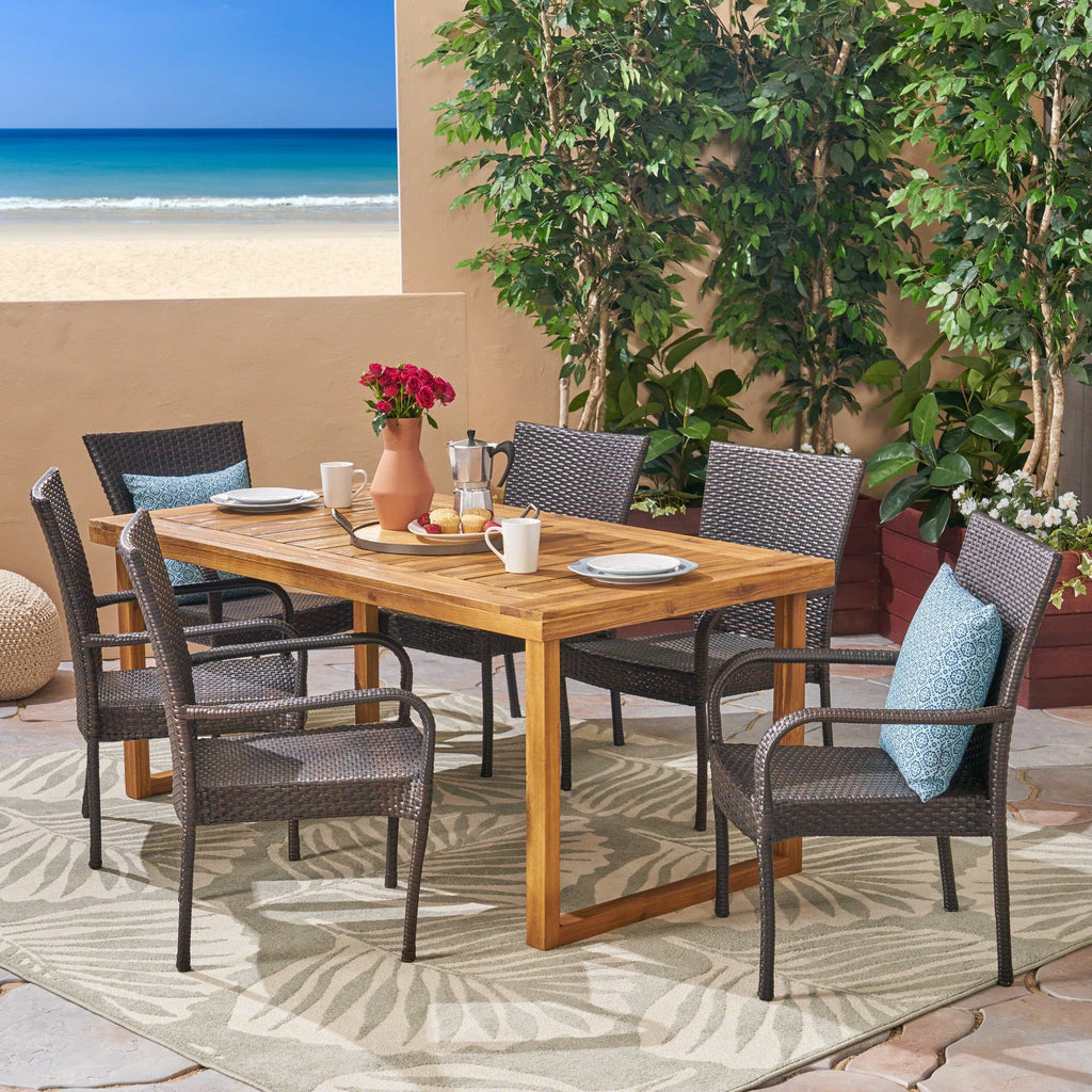 Acacia Wood and Wicker 7 Piece Dining Set B473