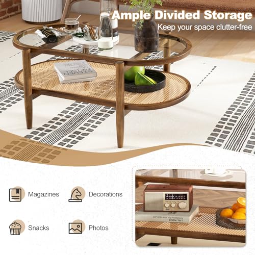 Black 2-Tier Oval Rattan Coffee Table with Tempered Glass T256