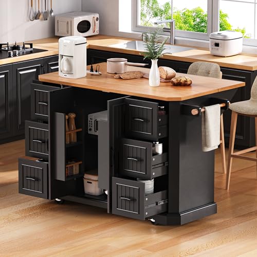 Black Kitchen Island with Drop Leaf, 3 Drawers, Power Outlet U92294