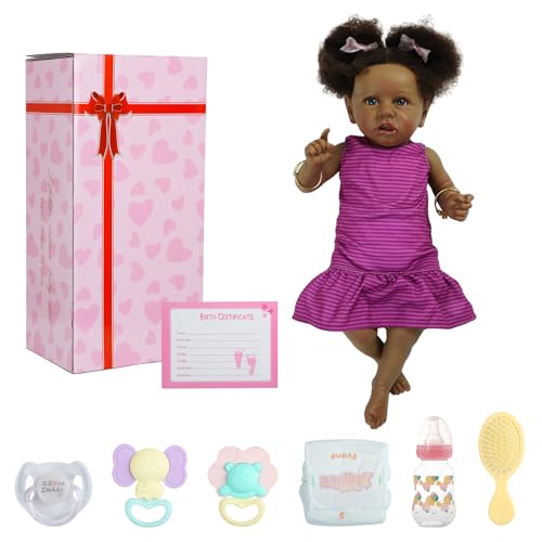 22" Realistic African American Newborn Baby Doll with Two Afro Puffs & Feeding Toys Q648154