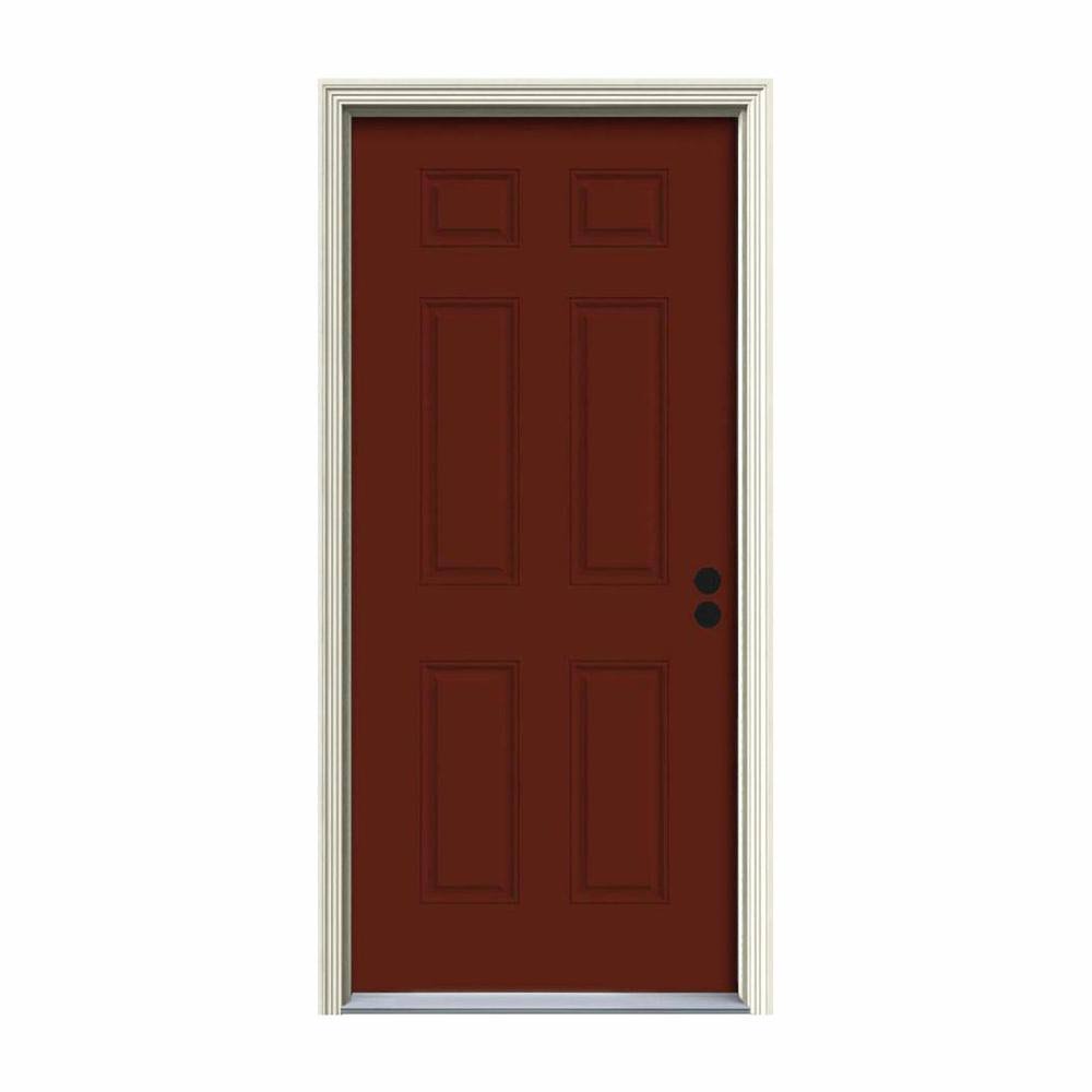 34 in. x 80 in. 6-Panel Red Painted Steel Prehung Left-Hand Inswing Front Door with Brickmould K992235