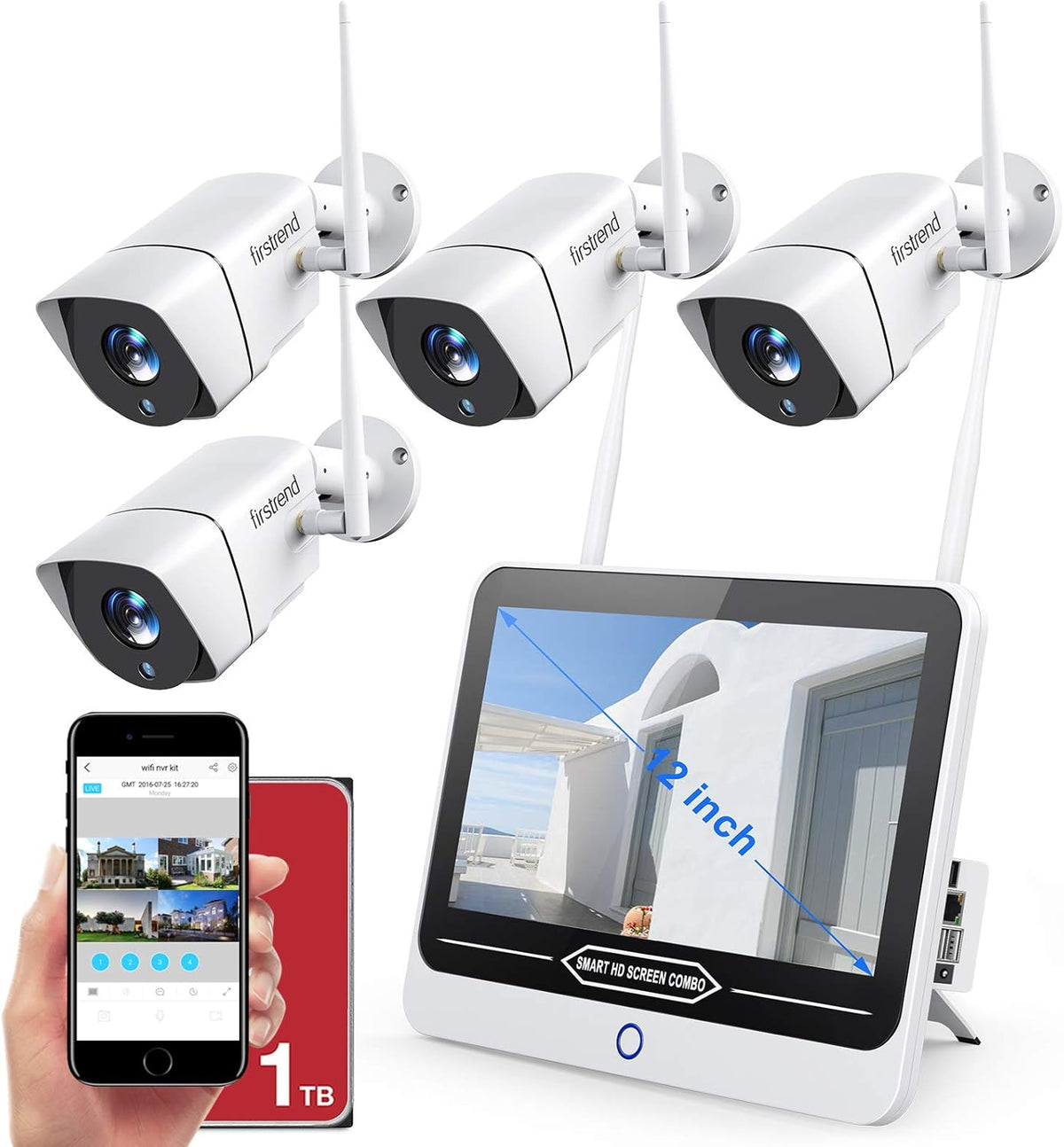 1080P 8CH Wireless Security Camera System with 4 Cameras and 12 Inch Monitor D800