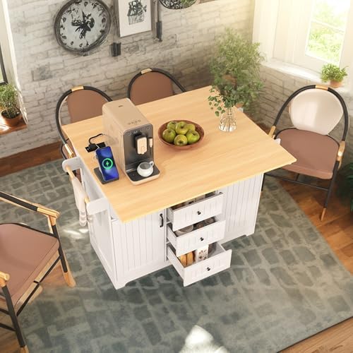 Black Kitchen Island with Drop Leaf, 3 Drawers, Power Outlet U92294