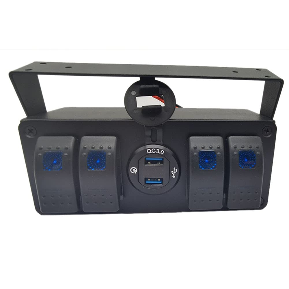 4 Gang Rocker Toggle Switch Panel USB Quick Charger Voltmeter Blue Led Pre-Wired Surface Mount Box H348