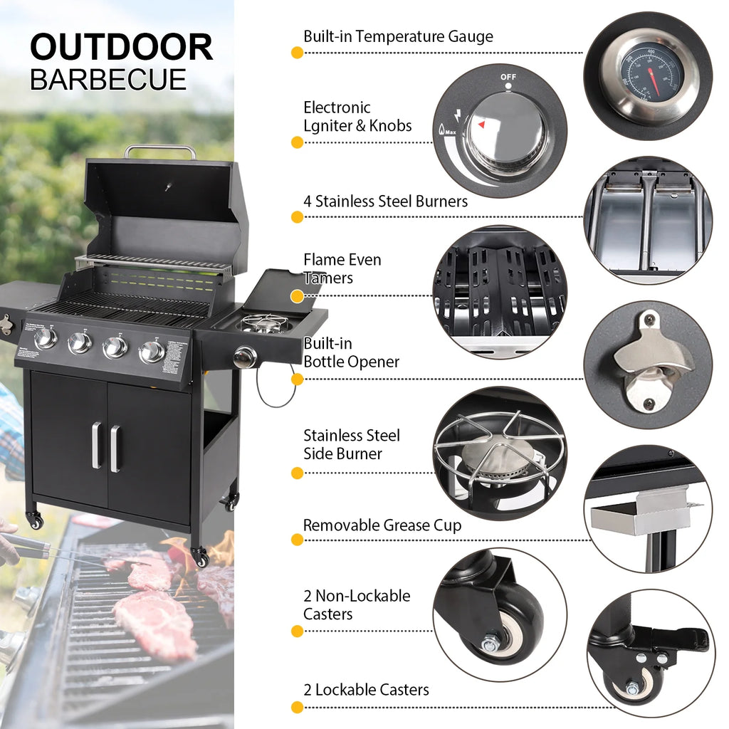4-Burner Propane Gas Grill with Side Burner E9216