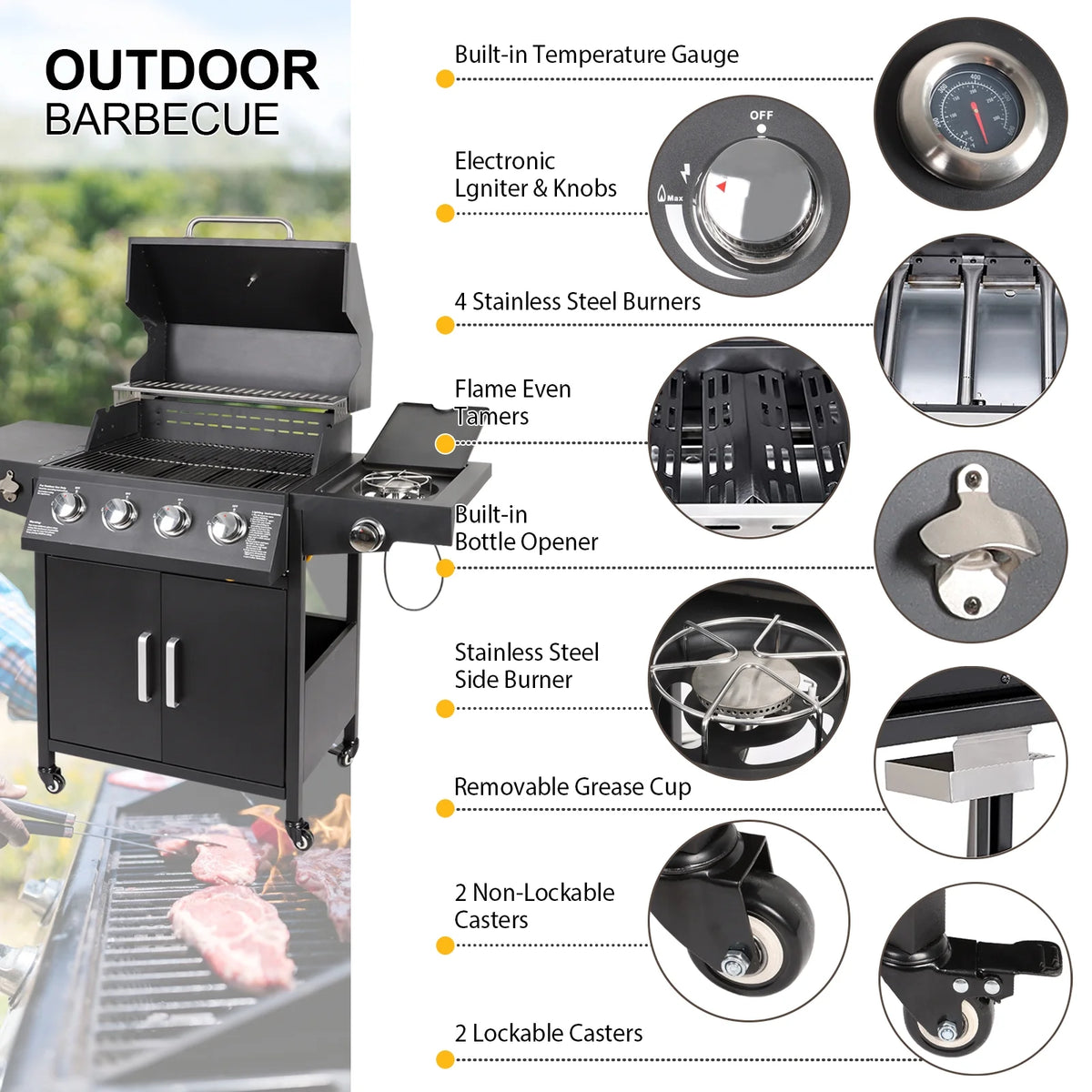 4-Burner Propane Gas Grill with Side Burner E9216