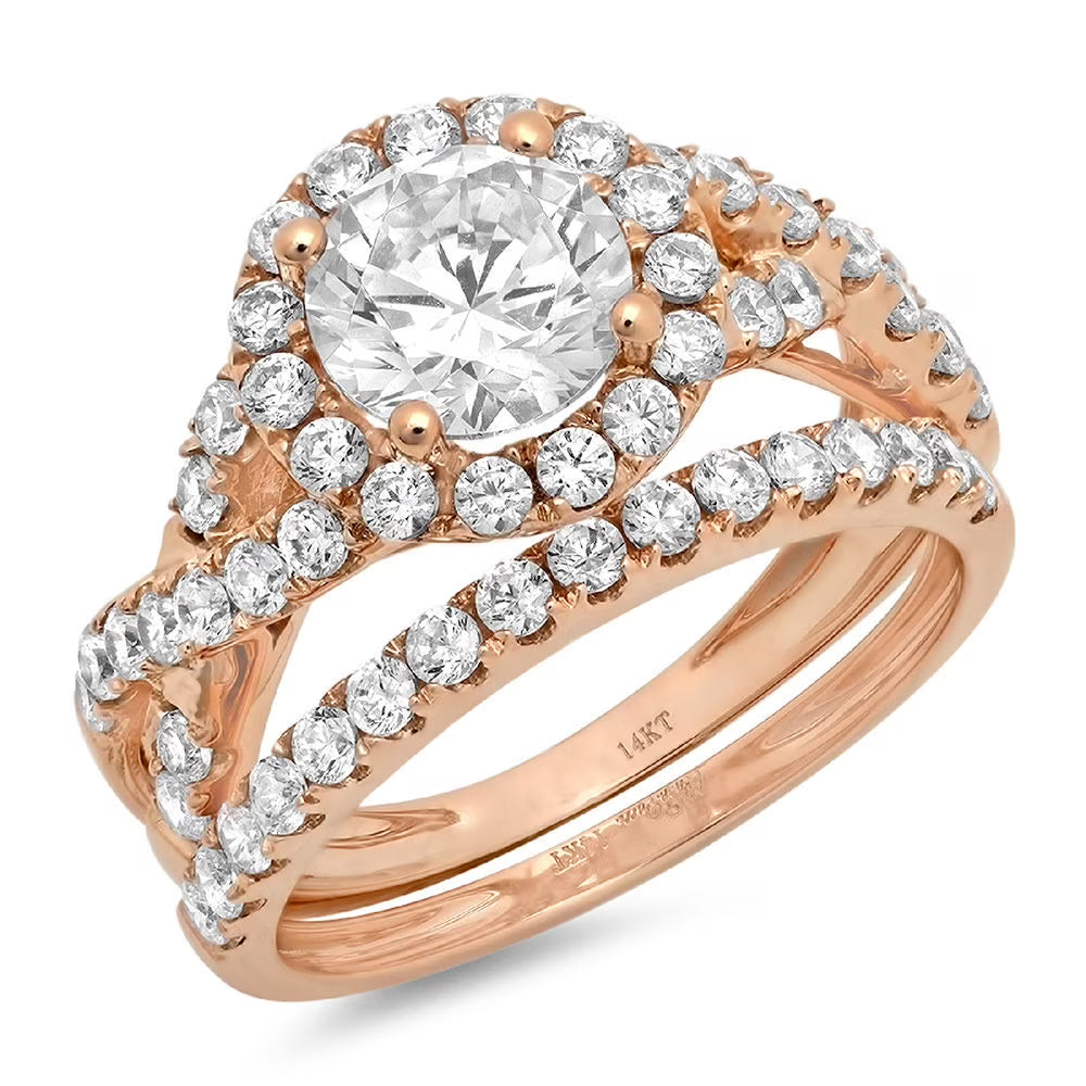 1.92 ct Genuine Cultured Diamond 18K Rose Gold Halo Engagement Ring Set size 3.5 Q9296
