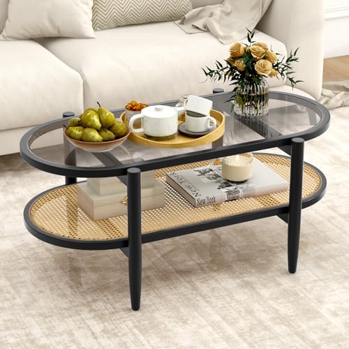 Black 2-Tier Oval Rattan Coffee Table with Tempered Glass T256