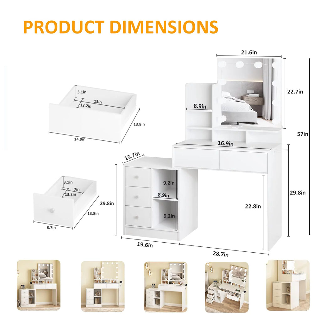 White Makeup Vanity with Lights and Mirror T3858