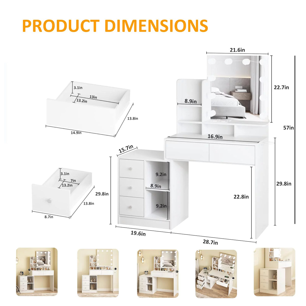 White Makeup Vanity with Lights and Mirror T3858