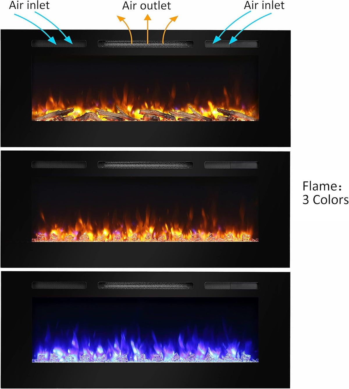 Recessed Electric Fireplace with Log Set and Crystal, 1500W Heater, Black E11945