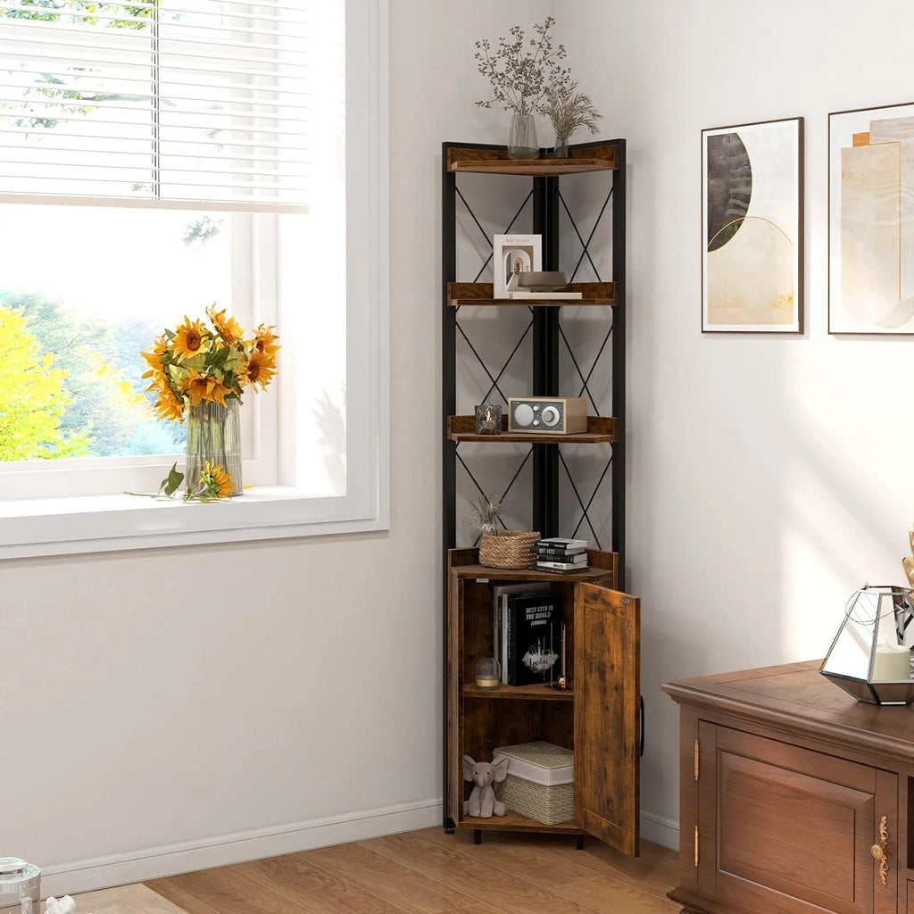 4-Tier Rustic Corner Bookshelf with Cabinet V9458