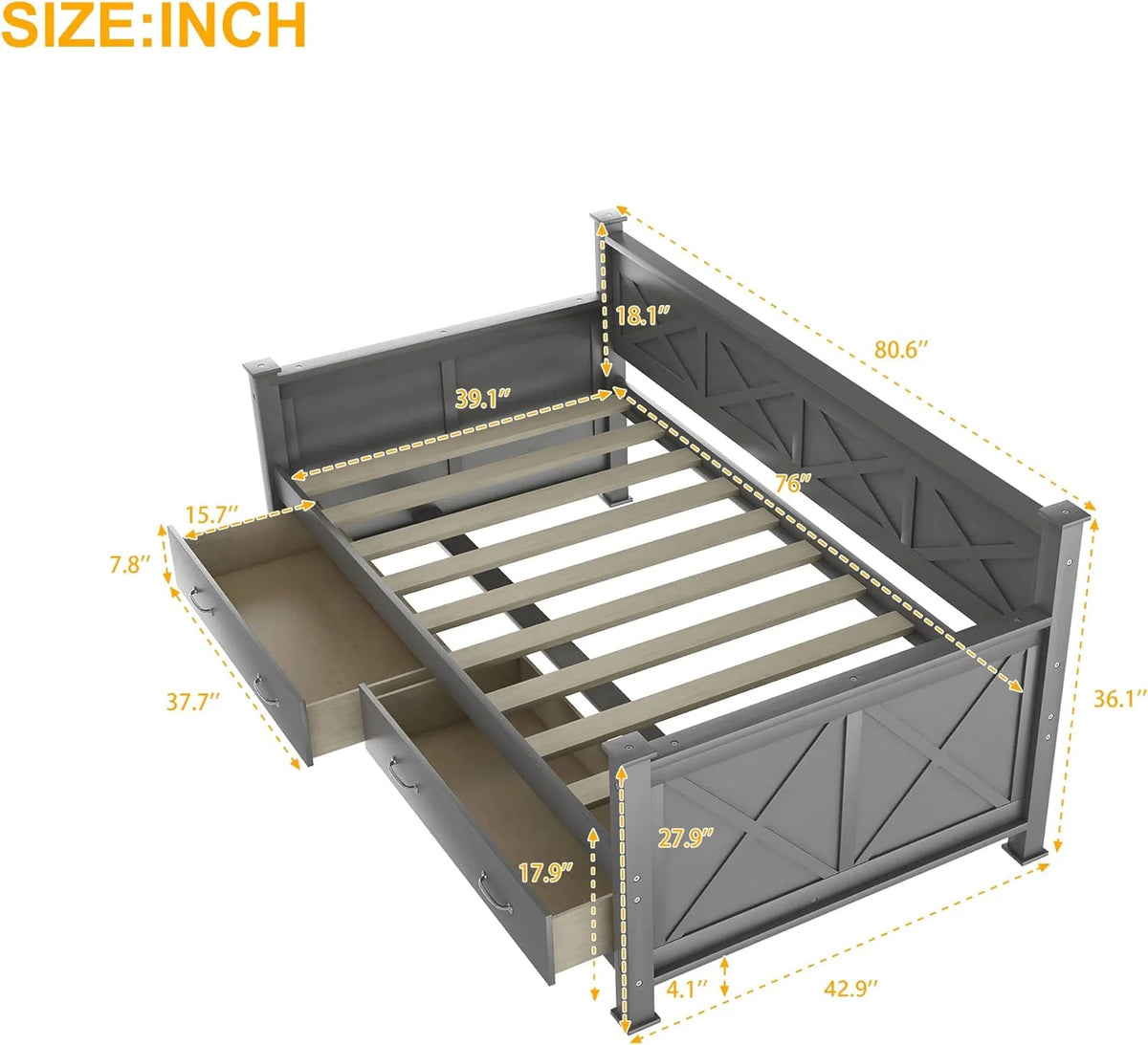 Wood Daybed Frame with Drawer E427
