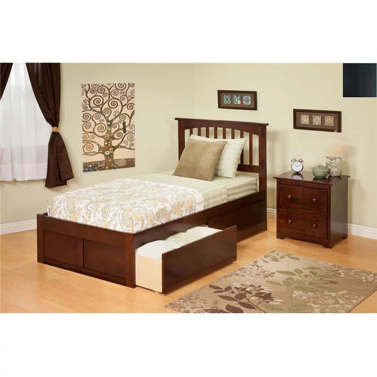Twin Bed with Flat Panel Footboard and Bed Drawers U9677