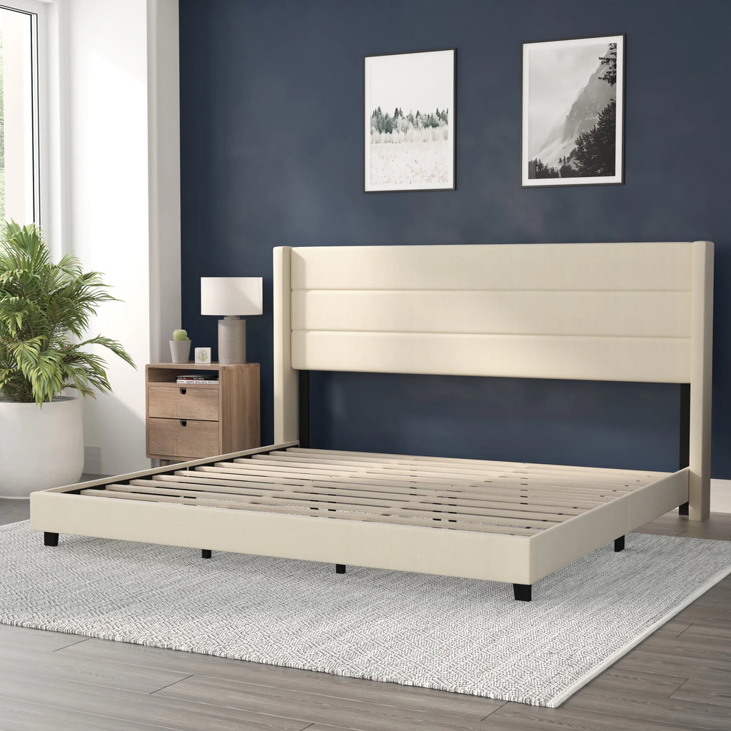 Beige Faux Linen King Upholstered Platform Bed with Wingback Headboard G927571