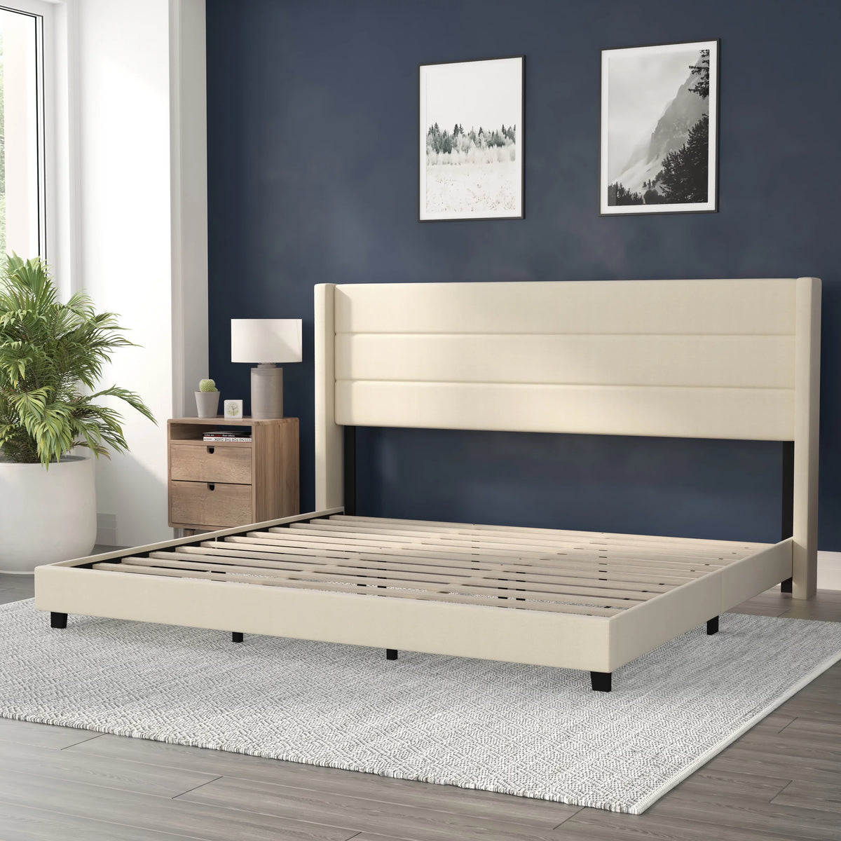 Beige Faux Linen King Upholstered Platform Bed with Wingback Headboard G927571