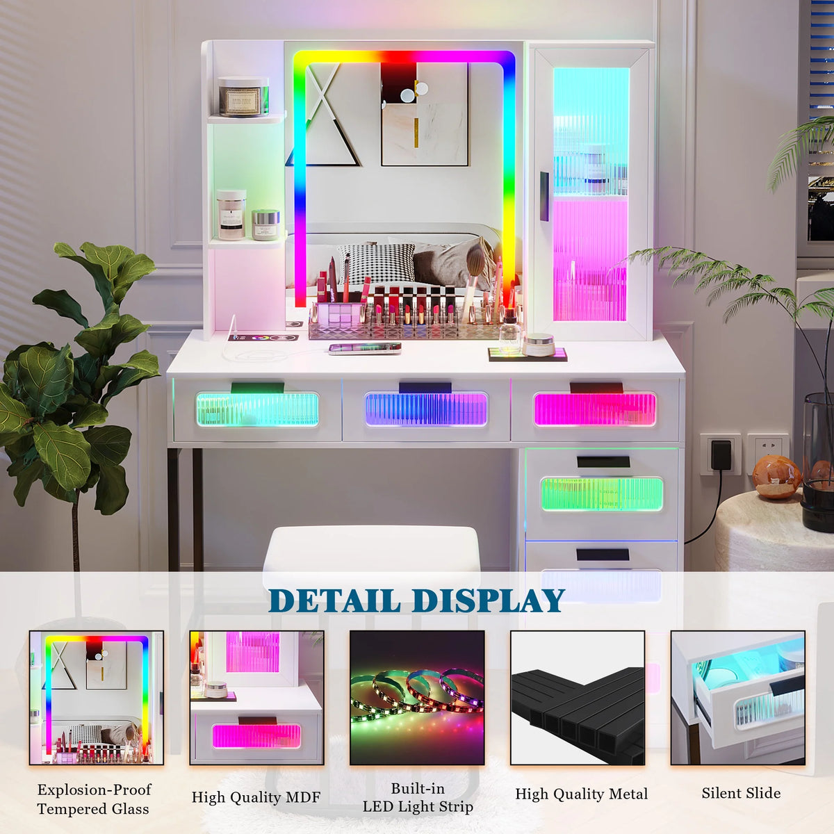 White Vanity with Lights and 6 Drawers Q796831