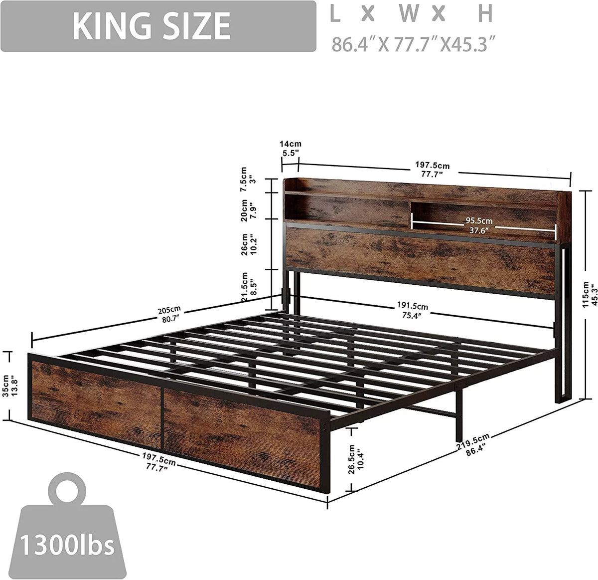 King Size Platform Storage Bed with Bookcase Headboard U89124