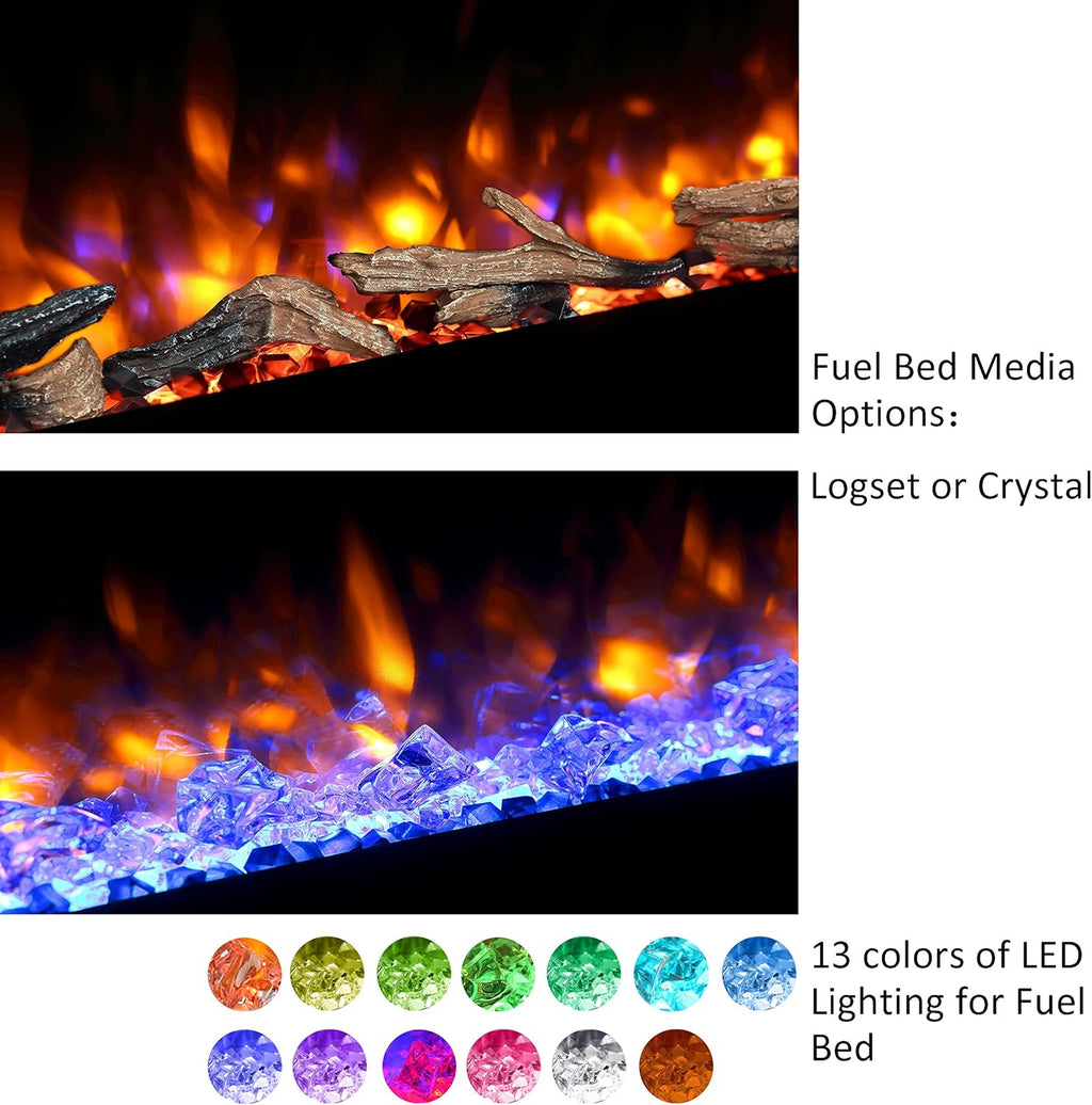 Recessed Electric Fireplace with Log Set and Crystal, 1500W Heater, Black E11945