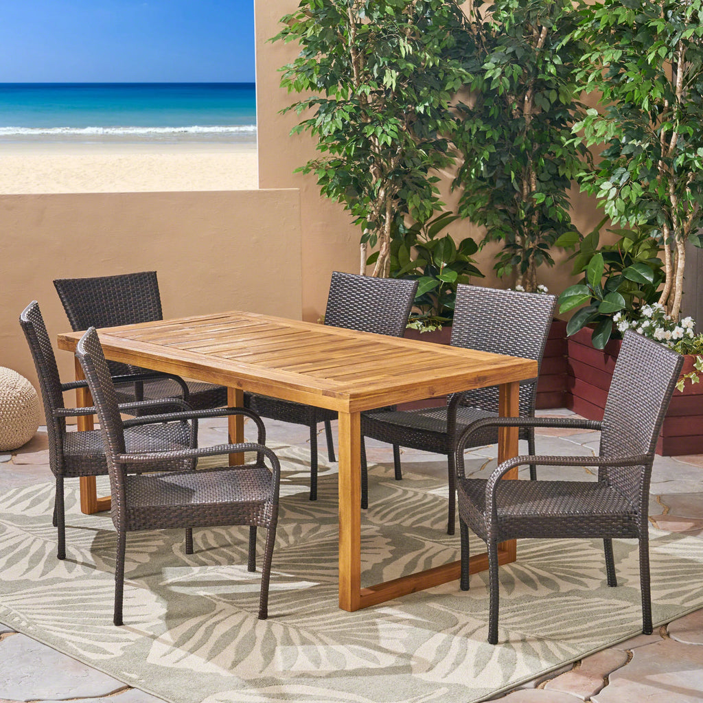 Acacia Wood and Wicker 7 Piece Dining Set B473