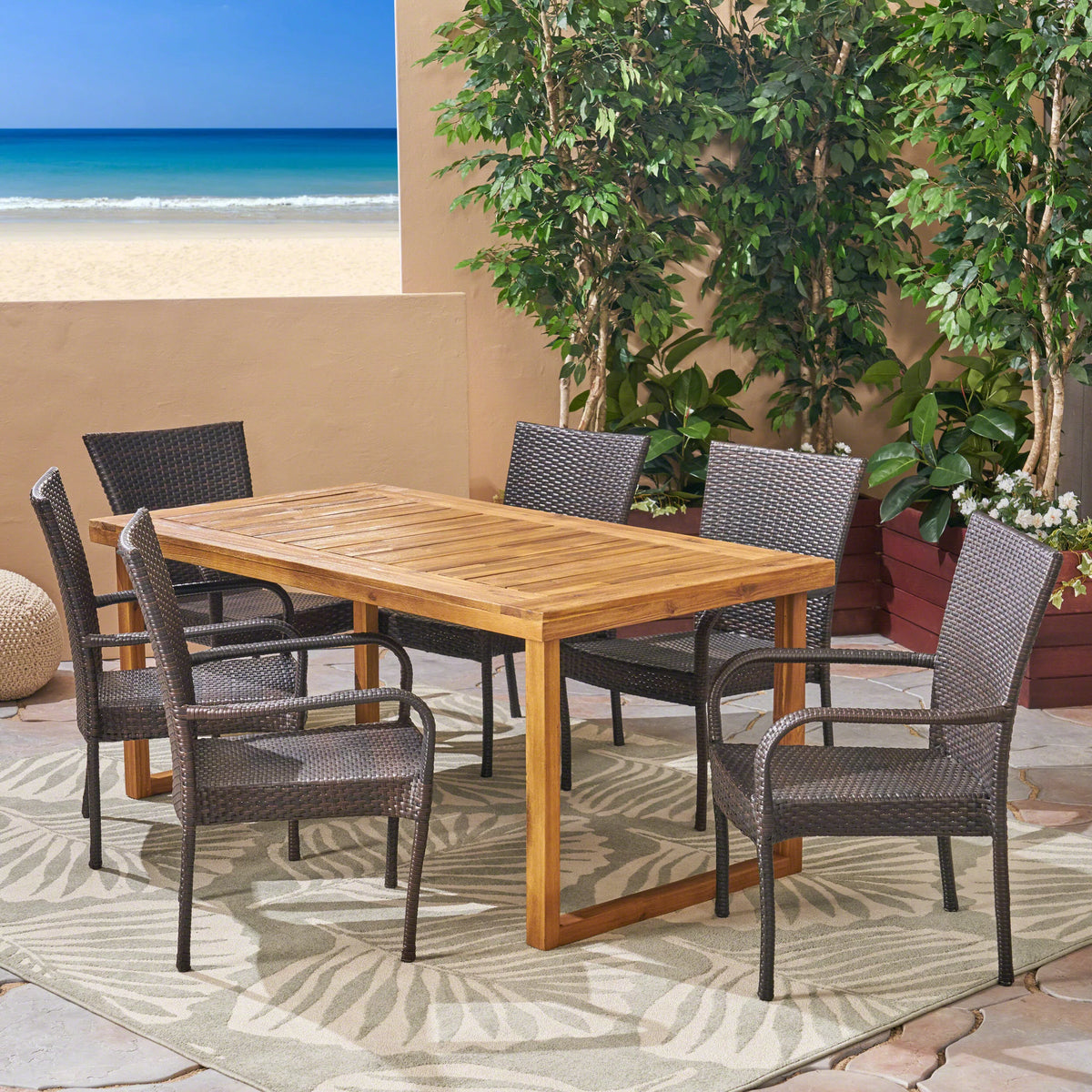 Acacia Wood and Wicker 7 Piece Dining Set B473