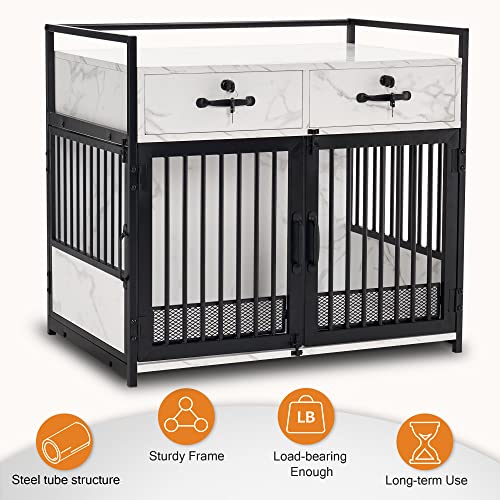 White Wooden Dog Crate End Table with Storage Drawers C6850