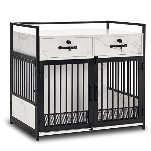 White Wooden Dog Crate End Table with Storage Drawers C6850