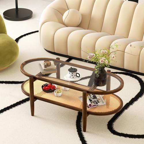 Black 2-Tier Oval Rattan Coffee Table with Tempered Glass T256