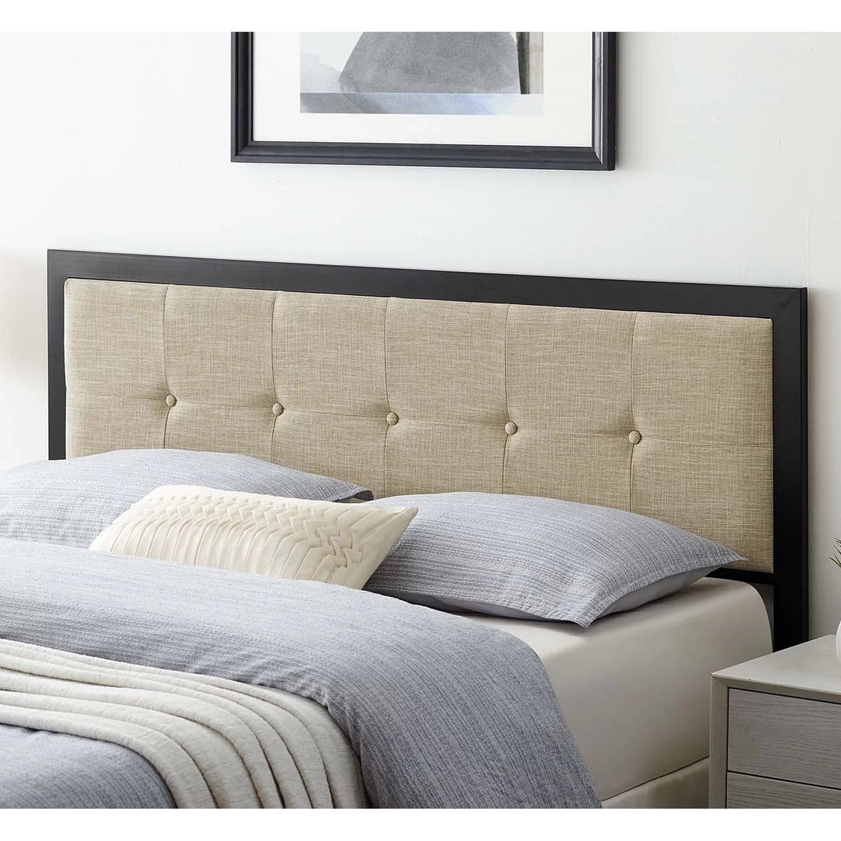 Beige Fabric Tufted Upholstered Full Size Metal Headboard P80728