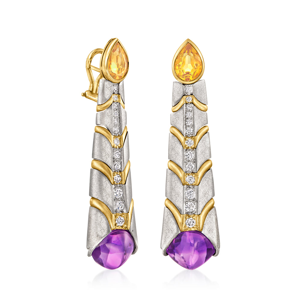 Vintage Amethyst and Citrine Drop Earrings with Diamonds in Platinum and 18kt Yellow Gold E8268