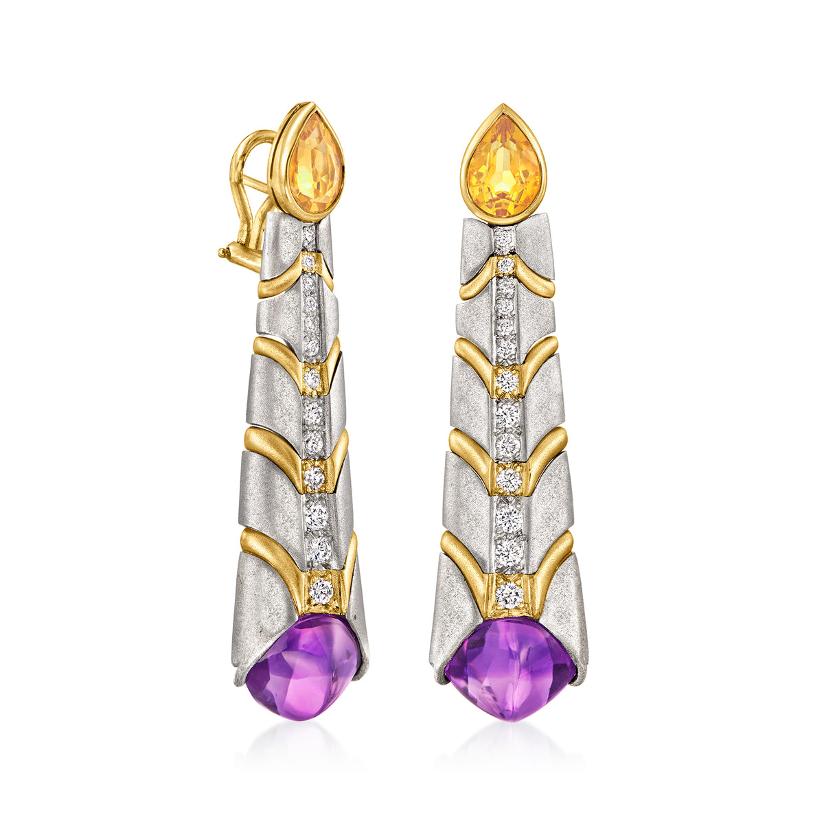 Vintage Amethyst and Citrine Drop Earrings with Diamonds in Platinum and 18kt Yellow Gold E8268