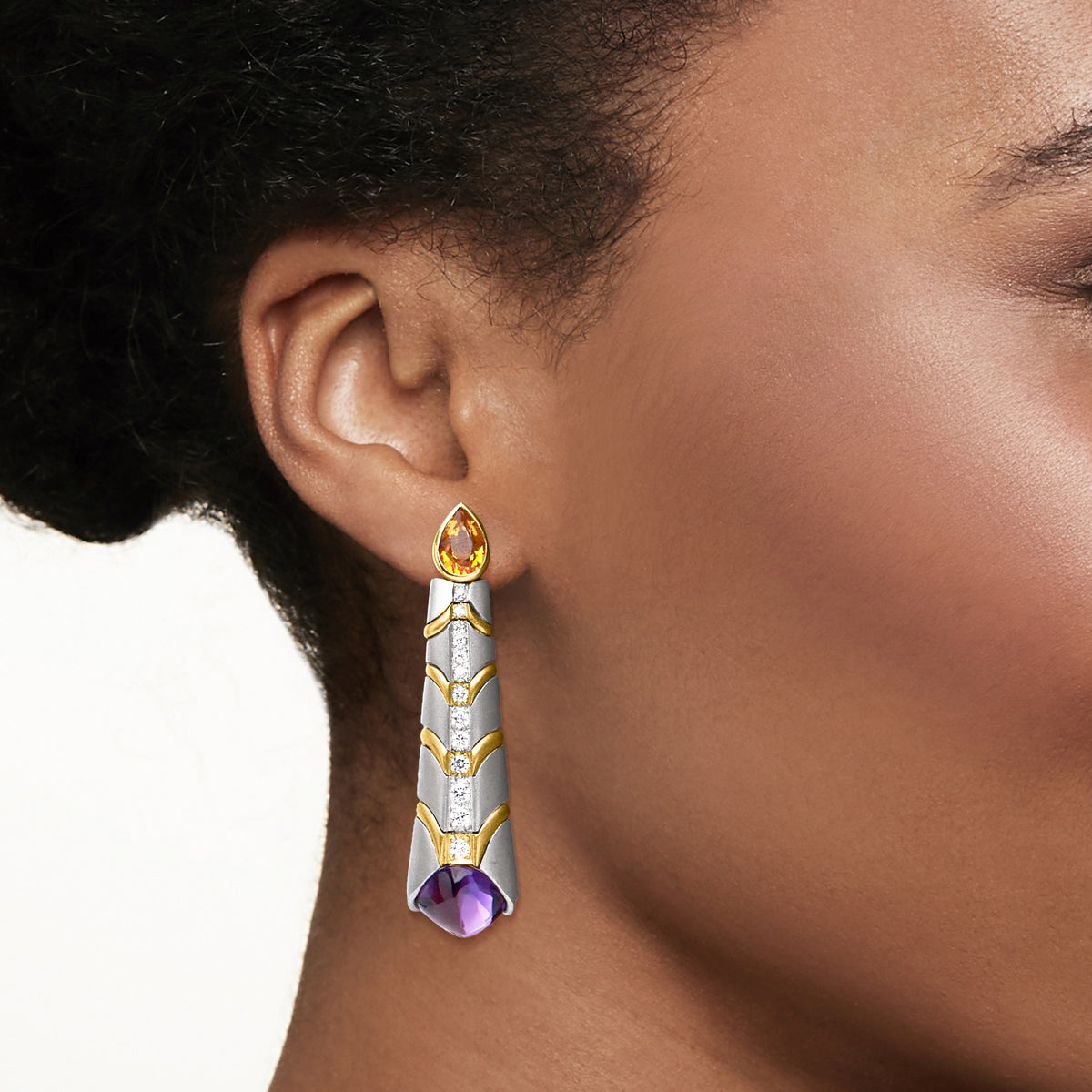 Vintage Amethyst and Citrine Drop Earrings with Diamonds in Platinum and 18kt Yellow Gold E8268