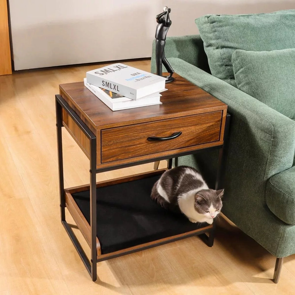 Brown End Table with Storage Drawer and Cat Resting Seat G506721