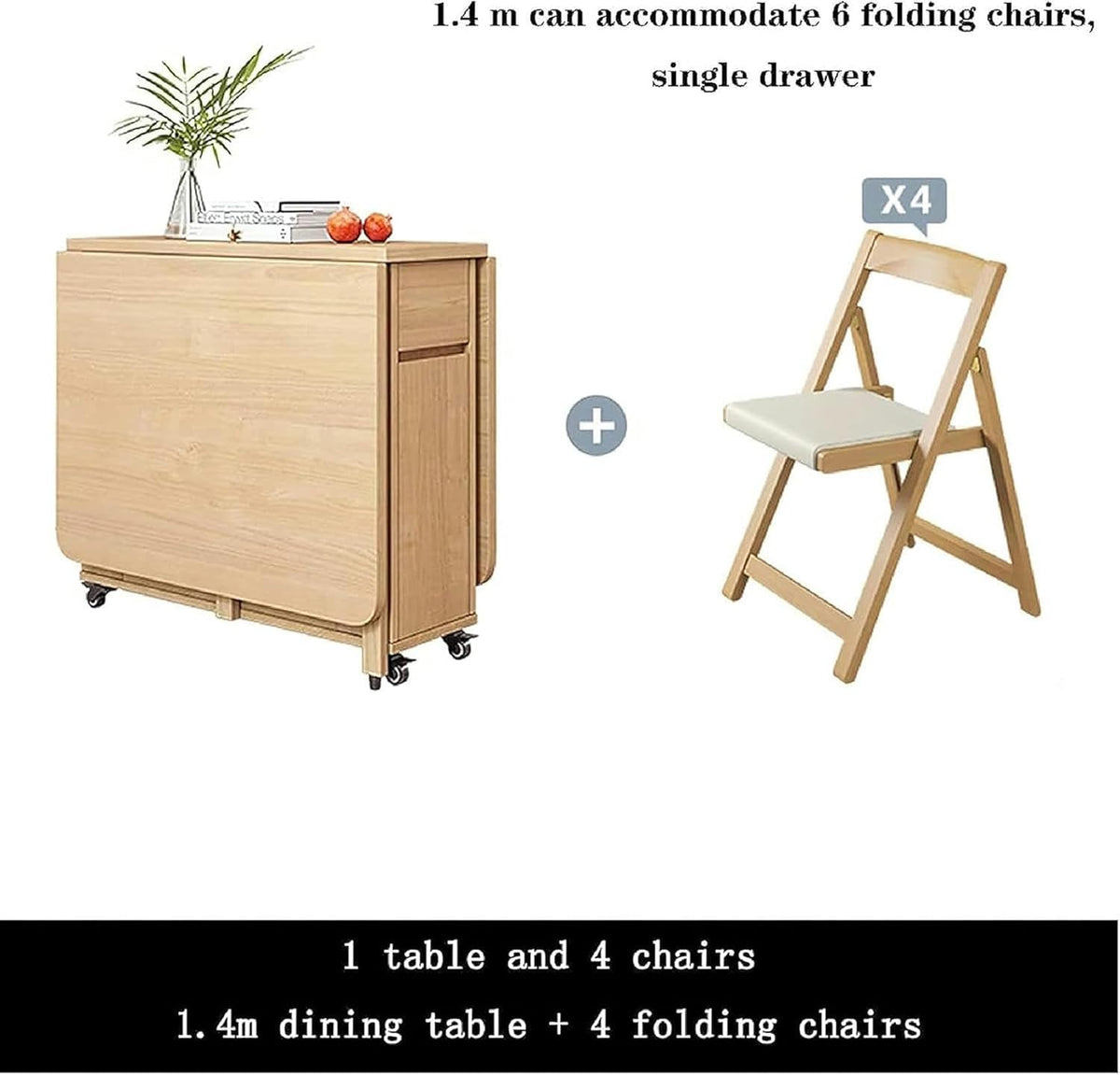 Wooden Extendable Dining Table Set with 4 Chairs, Drop Leaf Tables on Moveable Wheels and 1 Drawers V47057