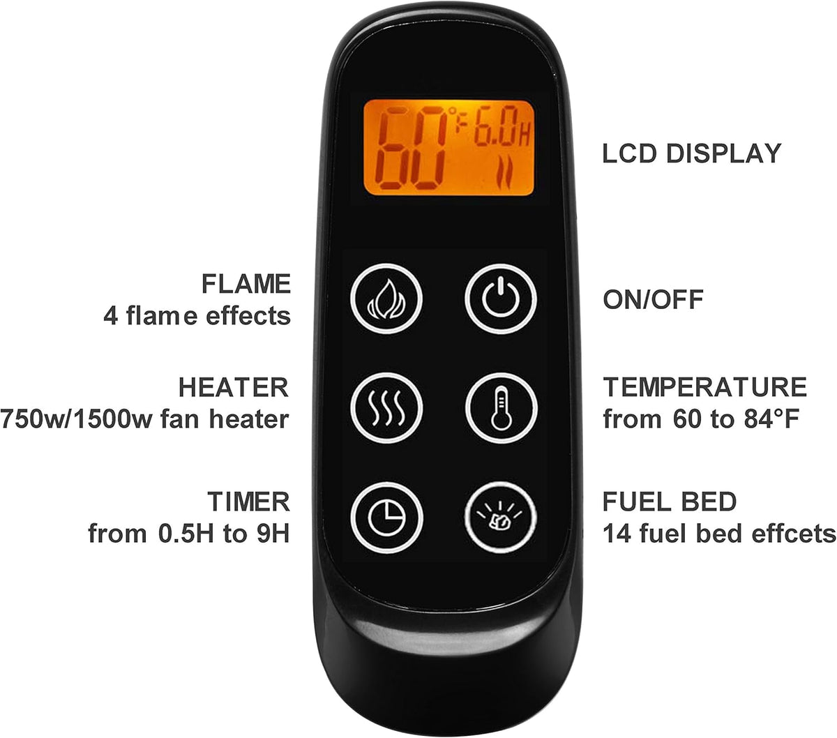 Recessed Electric Fireplace with Log Set and Crystal, 1500W Heater, Black E11945