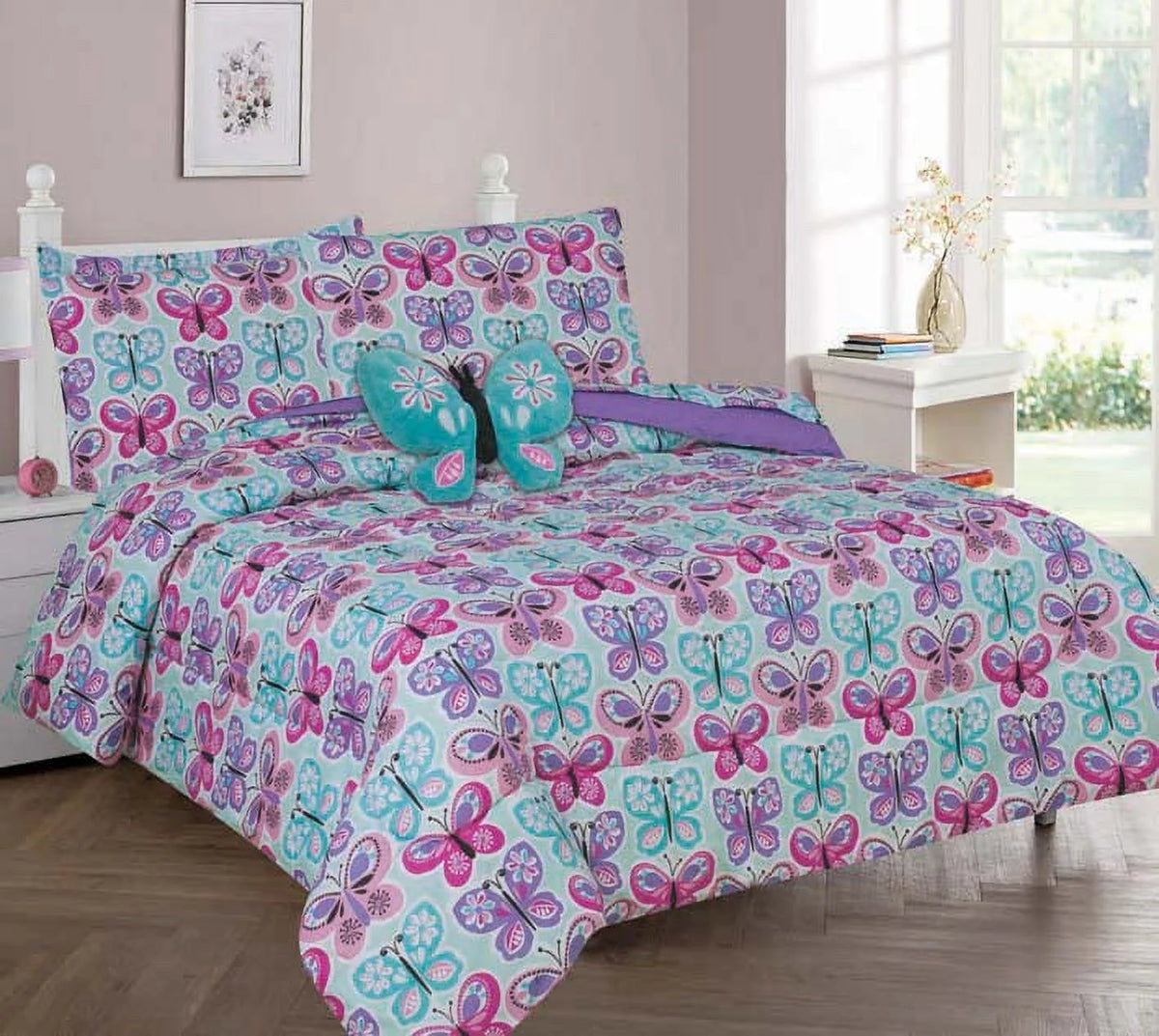 Full Size 8pc Butterfly Turquoise Bedding Comforter Set Y383