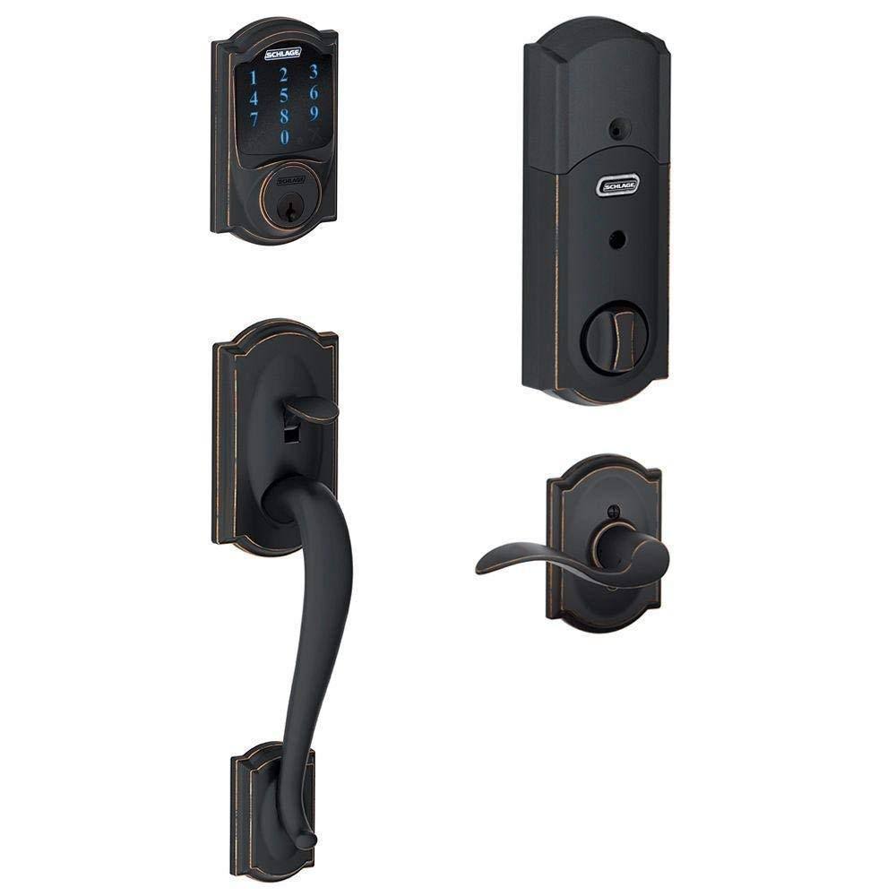 Aged Bronze Touchscreen Deadbolt with Alarm and Handleset with Interior Lever C426327