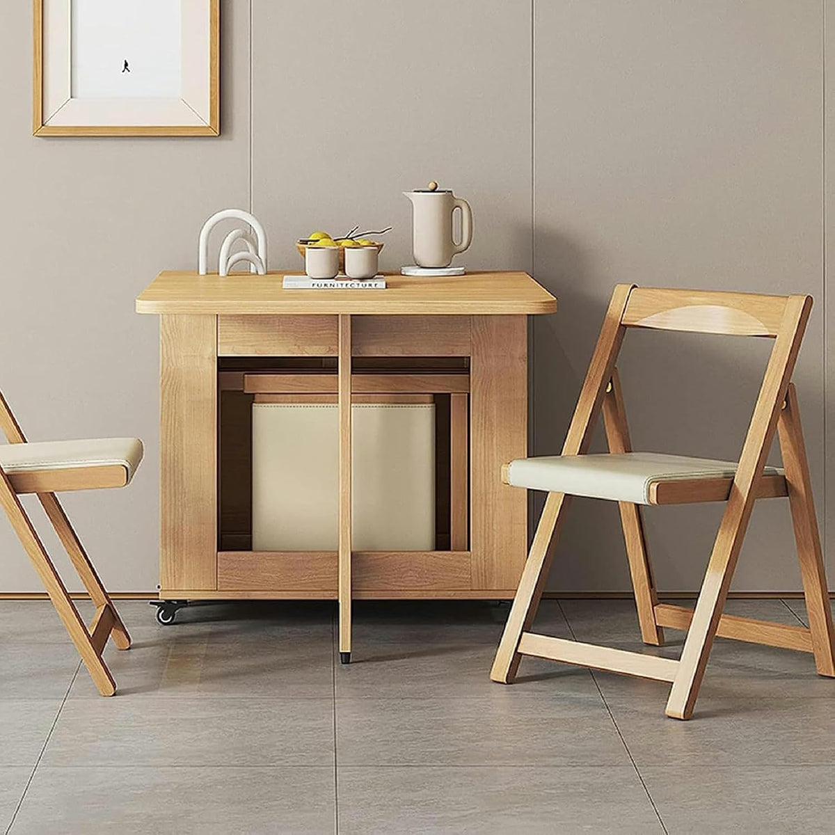 Wooden Extendable Dining Table Set with 4 Chairs, Drop Leaf Tables on Moveable Wheels and 1 Drawers V47057
