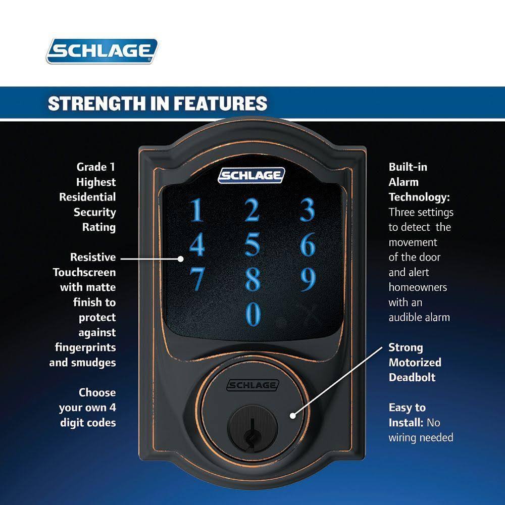 Aged Bronze Touchscreen Deadbolt with Alarm and Handleset with Interior Lever C426327
