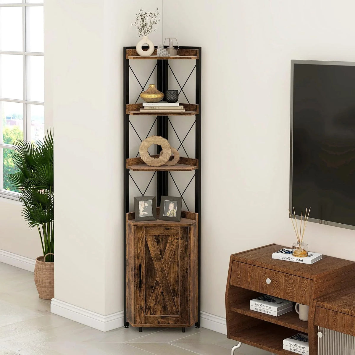 4-Tier Rustic Corner Bookshelf with Cabinet V9458