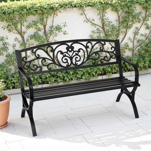 Metal Outdoor Bench with Plastic Mesh Backrest and Armrests Black G717609