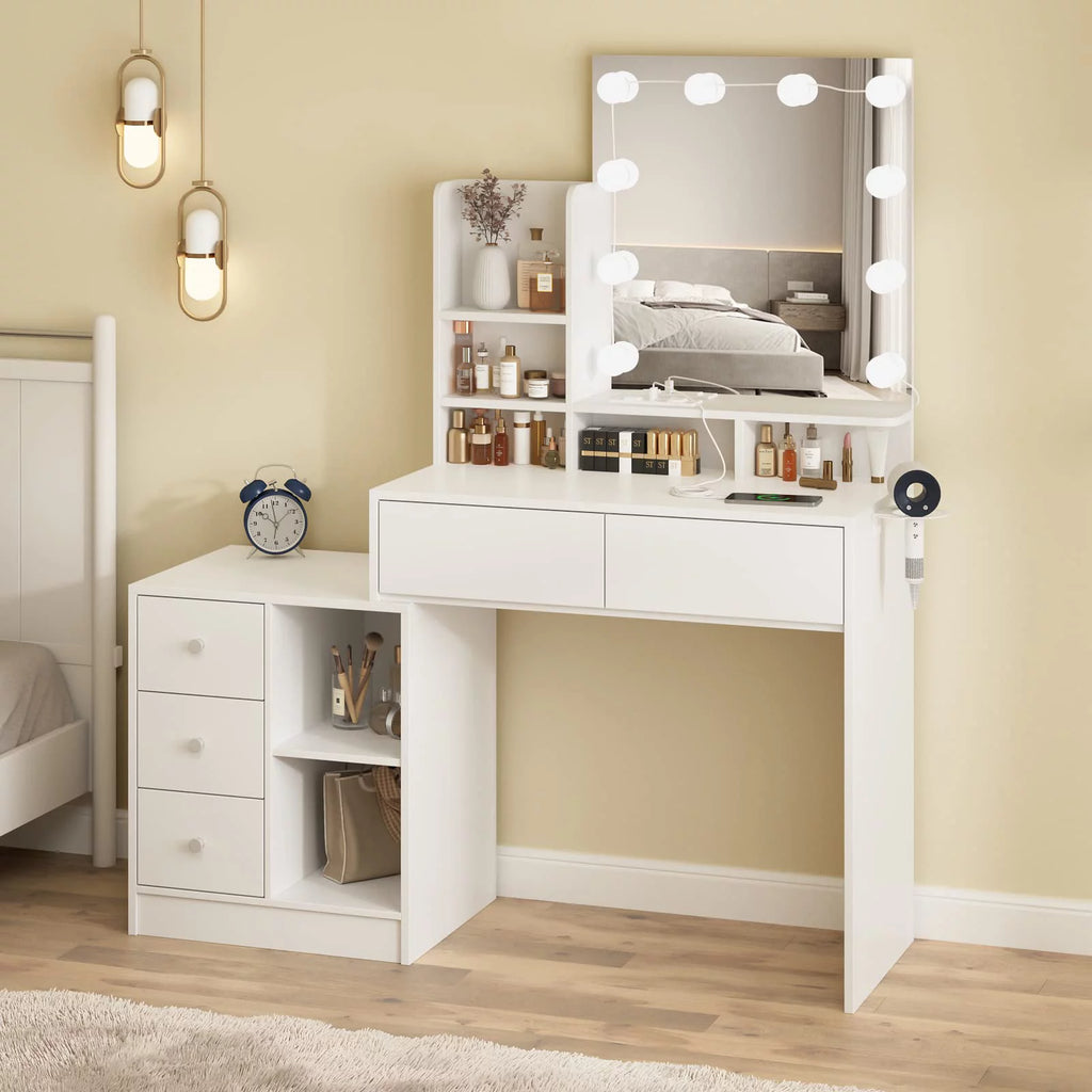 White Makeup Vanity with Lights and Mirror T3858