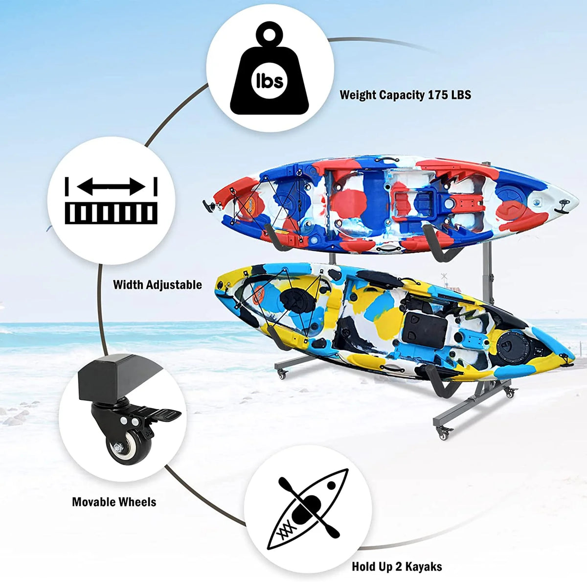Freestanding Kayak Storage Rack with Lockable Wheels Wide Adjustable Z70248