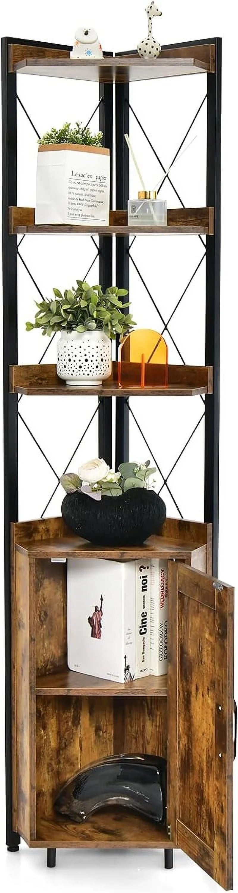 4-Tier Rustic Corner Bookshelf with Cabinet V9458