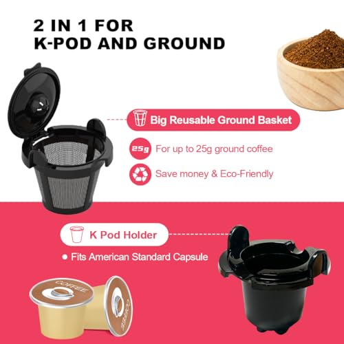 2 in 1 K Cup Coffee Maker, Single Serve Coffee Maker for Capsule and Ground Coffee, Pod Coffee Maker with Self-Cleaning Function, 8-14 oz Brew Size R908281